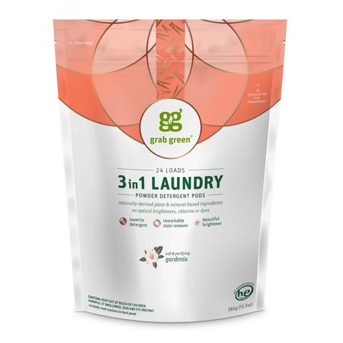 Grab Green 3-in-1 Laundry Detergent Pods, 24 Count, Gardenia Scent, Plant and Mineral Based, Superior Cleaning Power, Stain Remover, Brightens Clothes