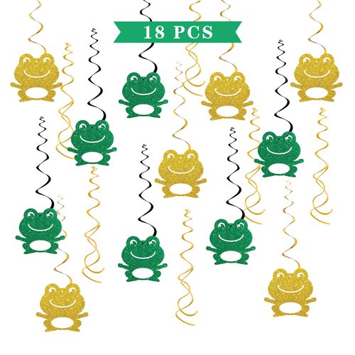 Maicaiffe Frog Hanging Swirl Decorations - Glitter 18 Pcs Boys Girls Kids Birthday Party Supplies - Baby Shower Streamers - Rainforest Reptile Frog Birthday Party Foil Swirls Ceiling Decorations