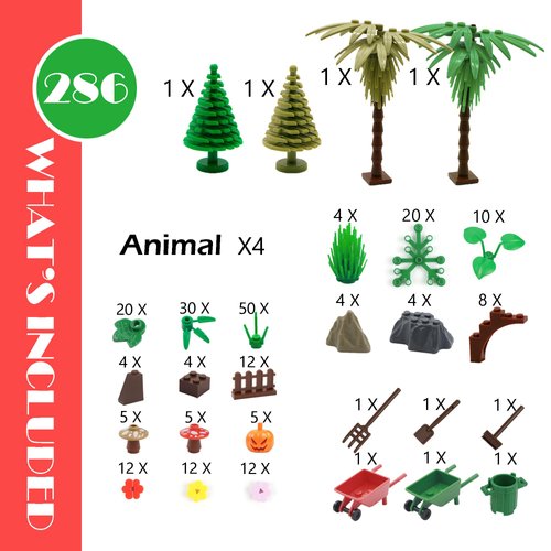Plants Flowers Building Blocks Accessories, Tree Botanical Parts and Pieces Set, Garden Forest Jungle Farm Park Bricks Toys with Animals