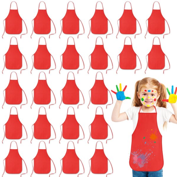 PLULON 30 Pcs Kids Apron Painting Aprons for Kids, Kids Aprons for Painting Red Aprons Art Apron Smocks Bulk for Art Painting Activity Craft Home Kitchen Classroom Party Supplies