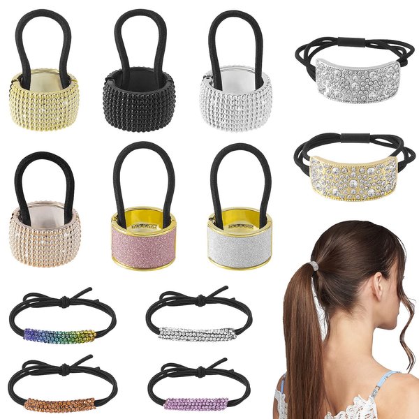 OIIKI 12pcs Rhinestone Ponytail Holders Hair Cuffs for High Ponytail, Elastic Hair Tie Black Decorative Hair Accessories for Women Girls, Fancy Glitter Hair Rope Bands