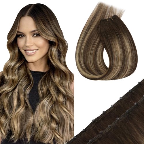 Sunny Hair Beaded Weft Hair Extensions Human Hair 50G Micro Bead Weft Hair Extensions Real Human Hair Straight Weft Hair Extensions with Micro Beads Medium Brown Balayage Caramel Blonde 16 inch