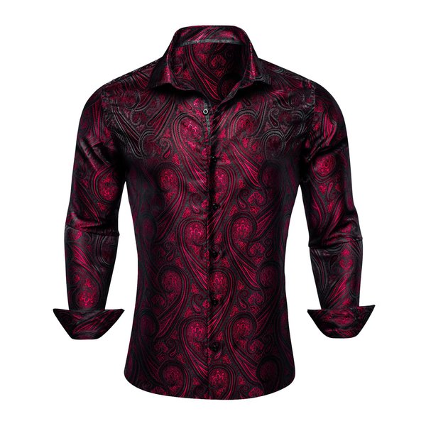 Barry.Wang Men Shirts,Paisley Flower Woven Silk Dress Shirt Long Sleeve Unique Design Formal/Leisure Wedding Party Prom