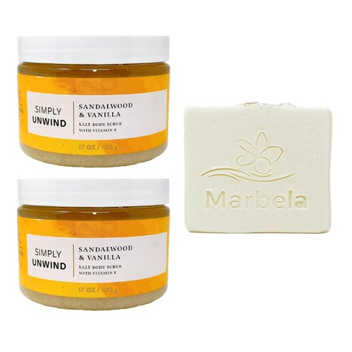 Bath & Body Works Aroma Simply Unwind Sandalwood & Vanilla 2 Pack Body Scrub Bundle with a Natural Oats Bar Soap - Full Size