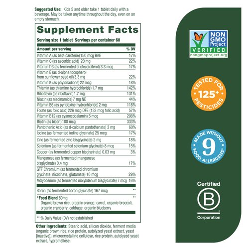 MegaFood Kids One Daily - Kids Vitamins - With Vitamin B, Vitamin C, Vitamin D & Zinc - Bone Health & Immune Support Supplement - Non-GMO, Vegetarian, Made Without 9 Food Allergens - 60 Mini Tabs