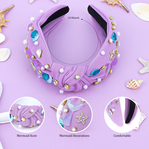 YARIEW Mermaid Knotted Headband for Women and Girls, Mermaid Headband for Little Girl Hair Accessories, Mermaid Tail Starfish for Mermaid Hair Accessories Mermaid Party Decorations Gifts (Purple)