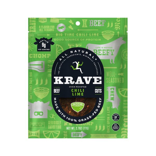 KRAVE All Natural Beef Jerky, Chili Lime - Protein Packed Snacks Roasted for Maximum Flavor - 100% Grass Fed Beef - Gluten Free - 2.7 Ounce