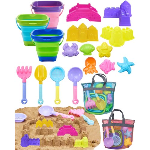Unistylar Beach Toys, Sand Beach Toys for Toddlers with 3 Collapsible Foldable Sand Bucket and Shovels, Mesh Bag, Sand Castle Animal Molds Sets, Travel Sand Toys, Sandbox Toys for Kids Age 3-10
