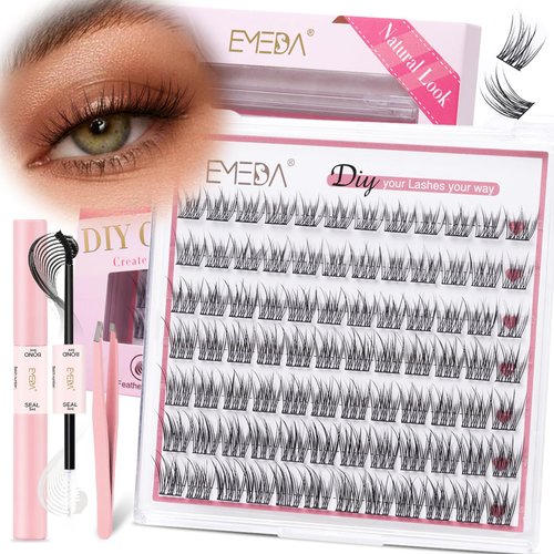 EMEDA Natural Lash Clusters Kit Eyelash Clusters Wispy C Curl Individual Lashes DIY Lash Extension Kit at Home, Cluster lashes with Waterproof Bond and Seal, Tweezers (Mix Length Short10-13mm)