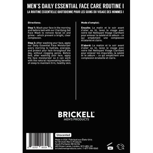 Brickell Men's Daily Essential Face Care Routine I, Gel Facial Cleanser Wash and Face Moisturizer Lotion, Natural and Organic, Unscented, Skincare Gift Set
