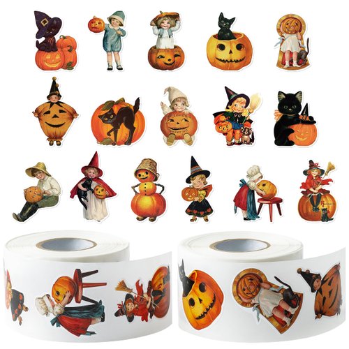 W1cwey 1000pcs Vintage Halloween Sticker Rolls (2 Rolls), Retro Style Pumpkin Black Cat Self Adhesive Sticker Cute Victorian Style Sticker for Halloween Party Favor Supply Water Bottle Scrapbook Decor
