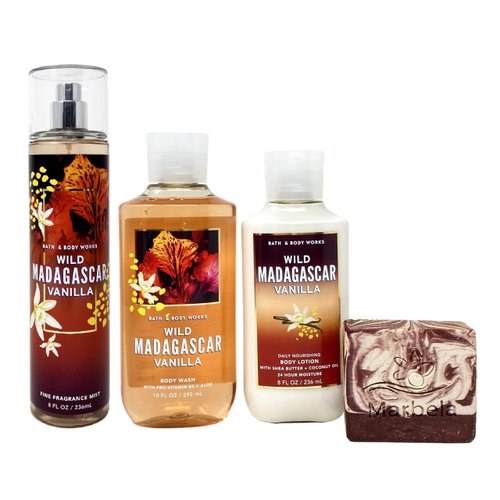 Bath & Body Works Wild Madagascar Vanilla Trio Gift Set with a Cherry On Top Bar Soap - Fragrance Mist - Body Wash and Body Lotion - Full Size