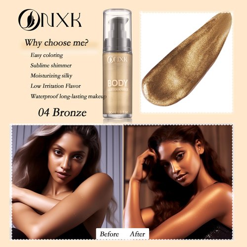 Body Glitter Oil Liquid Luminizer - Glow Hightlighter Shimmer Oil Illuminator Waterproof Long Lasting Moisturizing for Body & Face Bronzer Smooth Lotion with Makeup Brush by ONXK(#04 Bronze)