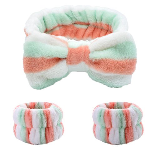 Wrahonbi Headband for Washing Face, Face Wash Headband and Wristband Set,Spa Headband and Wristband Set Green Pink