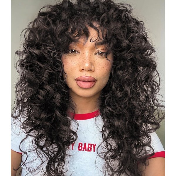 AISI HAIR Curly Wigs for Black Women Dark Brown Wig with Bangs，Glueless Bangs Wigs for Women Long Kinky Curly Wig 22 inch for Daily Use