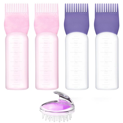 4PCS Root Comb Applicator Bottle 6 Ounce Oil Applicator for Hair, Hair Oil Applicator Hair Dye Hair Oiling Applicator Bottle with Massager Hair Oil Bottle Scalp Brush with Graduated Scale