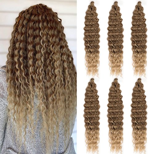 Ocean Wave Crochet Hair Extensions, Curly Braiding Crochet Hair, Soft Synthetic Crochet Hair Extensions 22inch 6Packs #T8/24 Brown mix Blonde