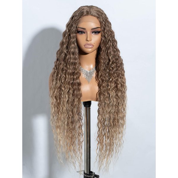 Joedir 32" Long Deep Curly Wavy Lace Front Synthetic Wigs HD Transparent Glueless Lace Wig Heat Resistant Fiber Pre Plucked Hairline with Baby Hair Wig for Women(Ombre Dirty Blond Color)