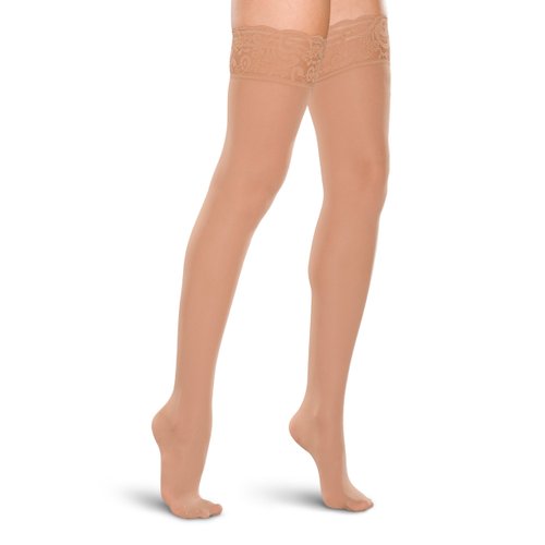 Therafirm Women's Lace-Top Thigh High Stockings - 20-30mmHg Moderate Compression Nylons (Sand, Small)