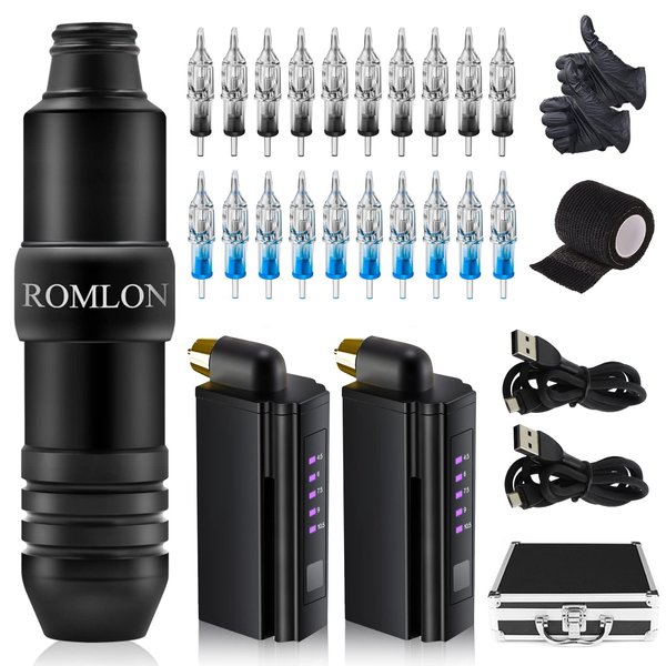 Romlon Tattoo Kit - Tattoo Machine Kit Rotary Tattoo Machine 2Pcs Power Supply 20Pcs Cartridges Needles Tattoo Machine Tape for Beginner and Tattoo Artists