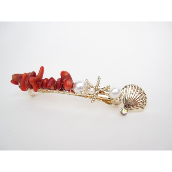 Generic Long slim gold metal red stone seashell starfish pearl crystal hair clip