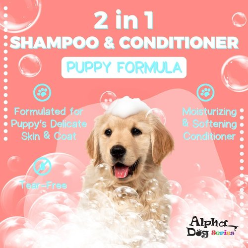 Alpha Dog Series Puppy Grooming Natural Dog Shampoo and Conditioner with Aloe Vera, pH balanced Shampoo for Dogs, Tear-Free, Moisturizing Dog Shampoo for Sensitive Skin - 26.4 Oz