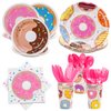 Donut Birthday Party Supplies, Serves 16, Includes Plates, Cups, Napkins, Cutlery, Banner and Tablecloth, for Donut Themed Baby Birthday Decoration, Disposable Tableware Party Pack for Girls and Boys
