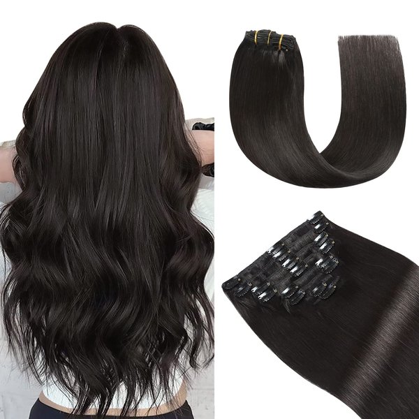 YILITE Hair Extensions Clip in Real Hair Off Black Double Weft Invisible 8Pcs/Pack 120g Remy Human Hair Silky Straight Human Hair Extensions Clip in Full Head ( 20inches #1B Off Black)