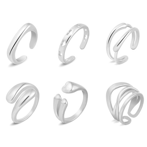 wgoud 6PCS Dome Chunky Gold Rings for Women, 14K Gold Plated Braided Twisted Stackable Signet Rings, Adjustable Open Ring Band Statement Jewelry Gift (6Pcs Silver Ring B)