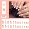 St. Patrick's Day Press on Nails with Green Lucky Clover Designs Medium Fake Nails White French Tip Acrylic False Nails Almond Shape Glue on Nails Cute Star Stick on Nails for Women Manicure, 24Pcs