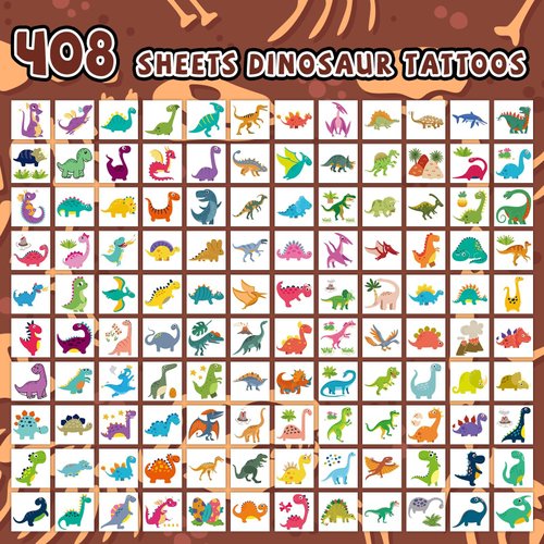 EMOME 408 Individually Wrapped Dinosaur Tattoos for Boys, Kids Temporary Tattoo Stickers for Dinosaur Party Supplies Favors, Dinosaur Temporary Tattoos for Birthday Goodie Bag Stuffers