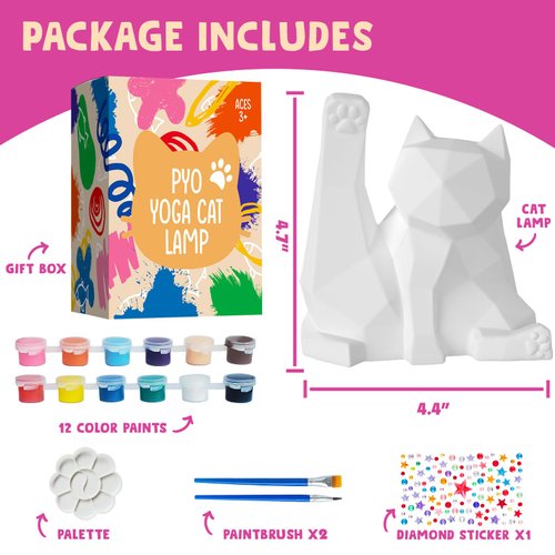 Paint Your Own Yoga Cat Lamp Kit, DIY Cat Crafts Night Light, Arts & Crafts for Kids Age 8-12, Art Supplies Painting Kit, Birthday Easter Party Holiday Gift for Teens Girls Boys Age 3 4 5 6 7 8+