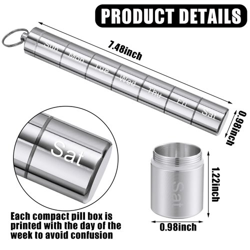 Vesici 2 Pack Weekly Pill Organizer Metal Pill Holder 7 Day Weekly Small Pill Container Stackable Metal Pill Case for Travel(Black, Silver)