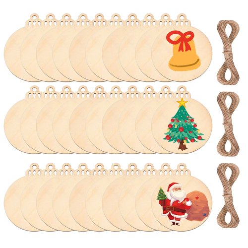 60Pcs Wood Slices,3.5" Wooden Christmas Ornaments,Unfinished Predrilled Wood Circles for Crafts Centerpieces,DIY Round Wooden Discs Hanging Decorations (3.5 Inches-60)