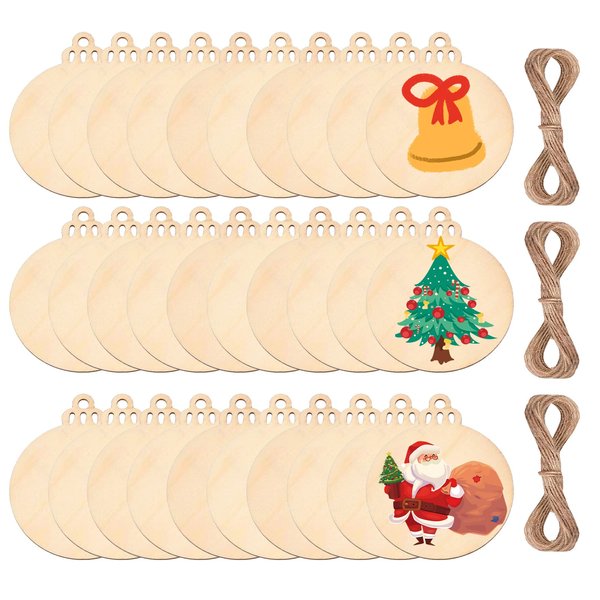 60Pcs Wood Slices,3.5" Wooden Christmas Ornaments,Unfinished Predrilled Wood Circles for Crafts Centerpieces,DIY Round Wooden Discs Hanging Decorations (3.5 Inches-60)