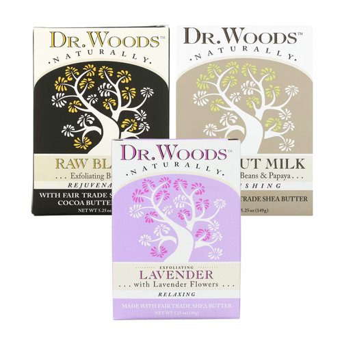 Dr. Woods All Natural Bar Soap Bundle - Raw Black, Coconut Milk, and Lavender Castile Soap (Pack of 3)