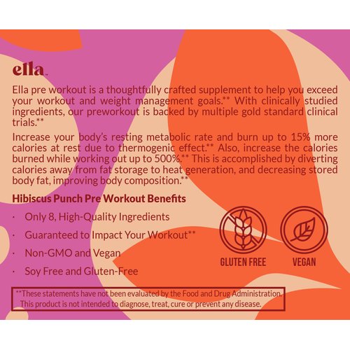 Naked Ella Pre Workout Powder, Hibiscus Punch Amino Energy with Vegan BCAA Amino Acids, Natural Caffeine, Preworkout Boost for Men & Women, 30 Servings