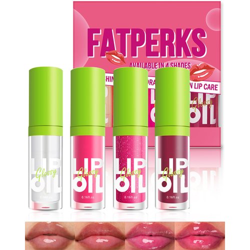 Lip Oil Lip Gloss-4Pcs Hydrating Lip Glow Oil Lipgloss, Tinted Clear Plumping lip Gloss,Pink Red Shimmer Plumper Lip Stain Oil, Glossy Finish Tint Shiny Lip Glaze Vegan Glow Reviver Lip Oil -Set A