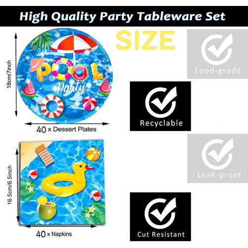 80Pcs Pool Party Supplies Summer Pool Party Set 7"Pool Paper Plate Pool Napkins for Beach Pool Theme luau Beach Pool Birthday Party Decorations|Serve 40