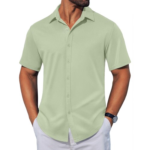 COOFANDY Mens Casual Button Down Shirts Short Sleeve Wrinkle Free Shirt Untucked Summer Stretch Dress Shirt Light Green