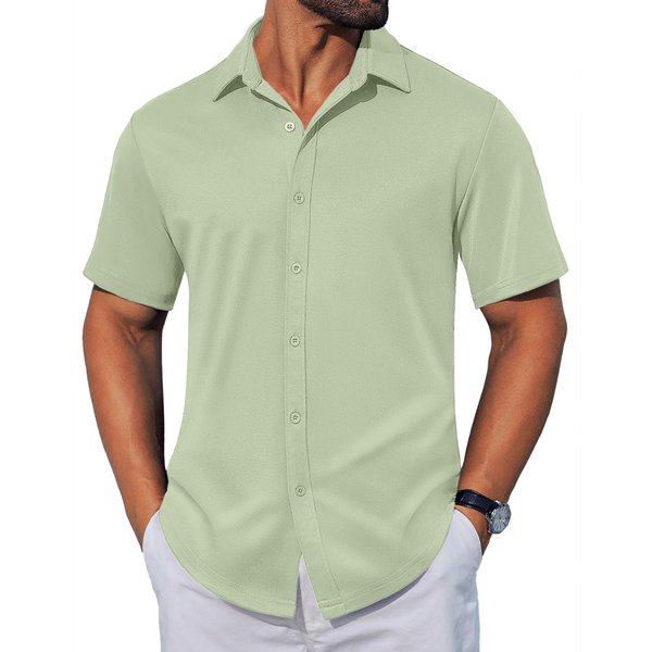COOFANDY Mens Casual Button Down Shirts Short Sleeve Wrinkle Free Shirt Untucked Summer Stretch Dress Shirt Light Green