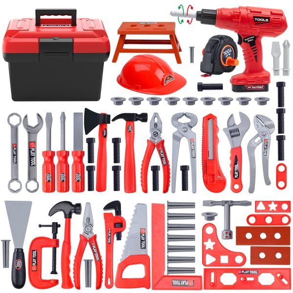 ikaufen Kids Tool Set, 68 Piece Toddler Tool Set with Tool Box & Electric Toy Drill, Pretend Play Tools Construction Tool Set for Kids, Toy Tool Set for Boys Girls Kids 3 4 5 6 Years Old
