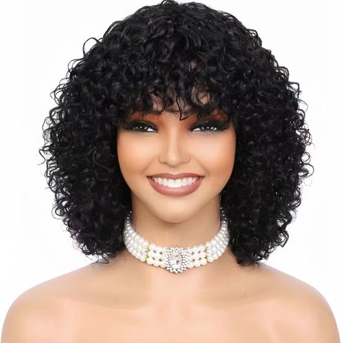 LYOLKSER wigs human hair 200 density short curly human hair wig with bangs 100% human hair no lace human hair wigs for women 12 inch black color,gift for mom,for birthday,for travel.for party.