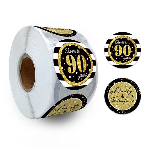 REWIDPARTY Black Gold 90th Birthday Stickers Rolls（500 PCS） Cheers to 90 Years Stickers Ninety and Fabulous Round Stickers Birthday Party Favors Anniversary Party Decorations Adhesive Party Stickers