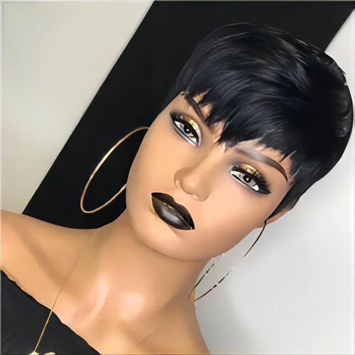 RICONEY Bob Wigs for Black Women Human Hair Wig Short Pixie Cut Wig Human Hair Glueless Natural Straight Wig with Bangs Layered None Lace Front Wig Full Machine Made Wig 1B Color