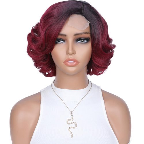 Quantum Love Short Curly Bob Ombre Red Wigs Loose Wave Side Part Wig for Black Women Short Body Wave Bob Synthetic Wig (10 inches)