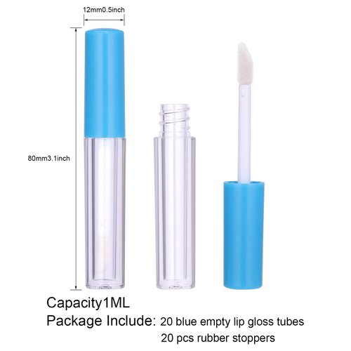 20Pcs Empty Lip Gloss Tubes Cute 1ml Blue Empty Lip Gloss Tubes with Wand Clear Refillable Lip Gloss Containers Empty DIY Lip Gloss Bottles with Rubber Stoppers