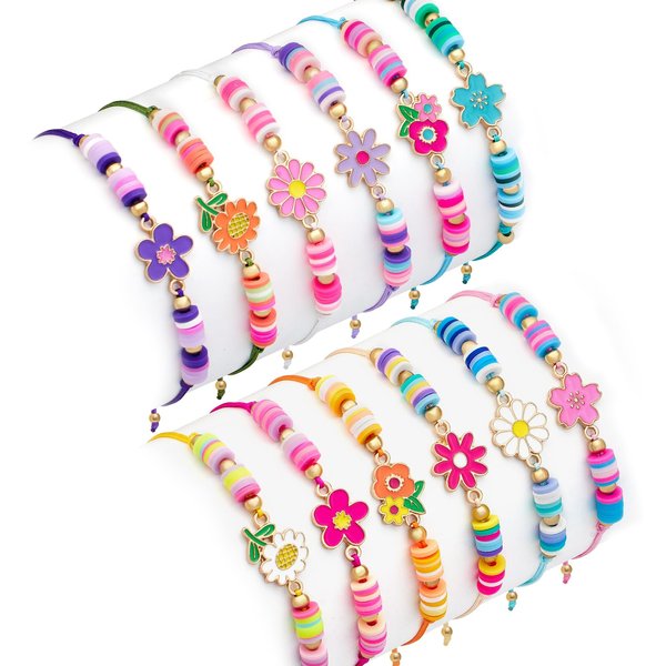 KELENO 12 Pcs Kids Bracelet for Girls Toddler Jewelry Groovy Flower Princess Party Favors Friendship Bracelets Adjustable Pretend Play Goodie Bag Classroom Reward