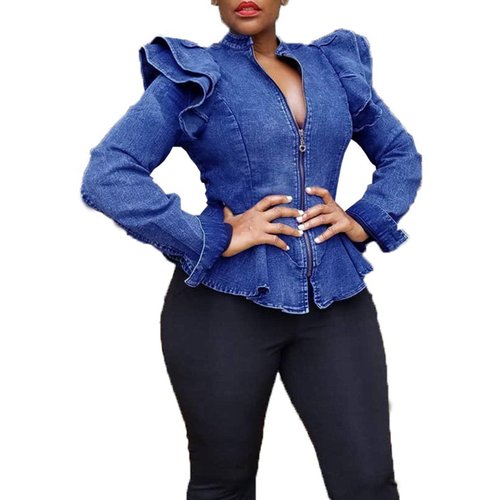 ECHOINE Women Casual Denim Jacket - Long Sleeve Zipper Ruffle Shoulder Jean Jackets Peplum Coat Plus Size Blue L