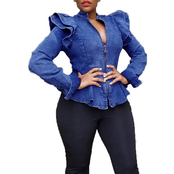 ECHOINE Women Casual Denim Jacket - Long Sleeve Zipper Ruffle Shoulder Jean Jackets Peplum Coat Plus Size Blue L